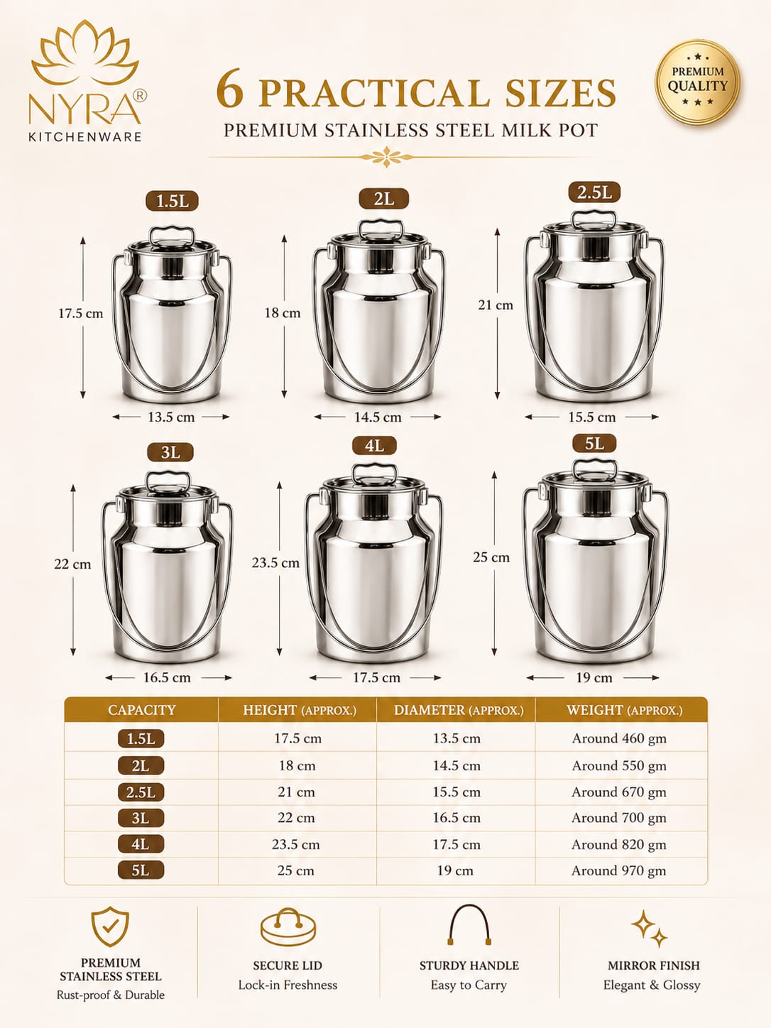 Premium Stainless Steel Milk & Oil Container with Lid – Durable Storage Solution - 6 Sizes