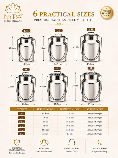 Premium Stainless Steel Milk & Oil Container with Lid – Durable Storage Solution - 6 Sizes