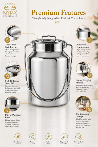 Premium Stainless Steel Milk & Oil Container with Lid – Durable Storage Solution - 6 Sizes
