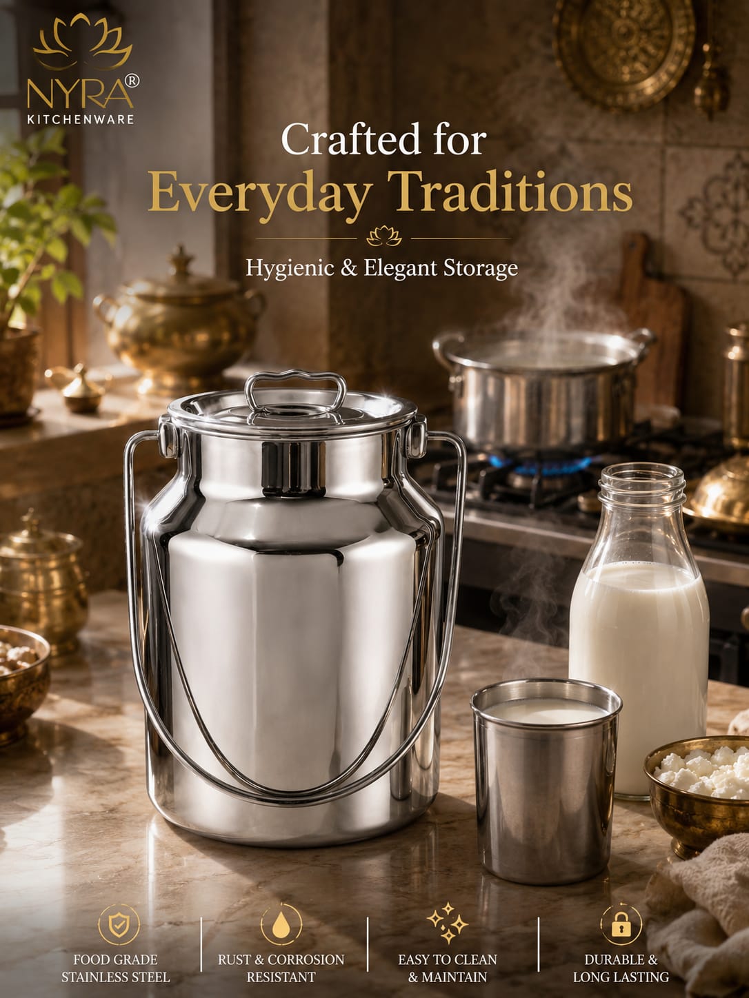 Premium Stainless Steel Milk & Oil Container with Lid – Durable Storage Solution - 6 Sizes