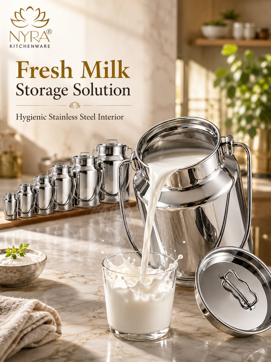 Premium Stainless Steel Milk & Oil Container with Lid – Durable Storage Solution - 6 Sizes