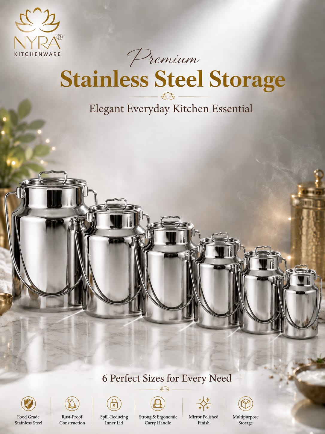 Premium Stainless Steel Milk & Oil Container with Lid – Durable Storage Solution - 6 Sizes