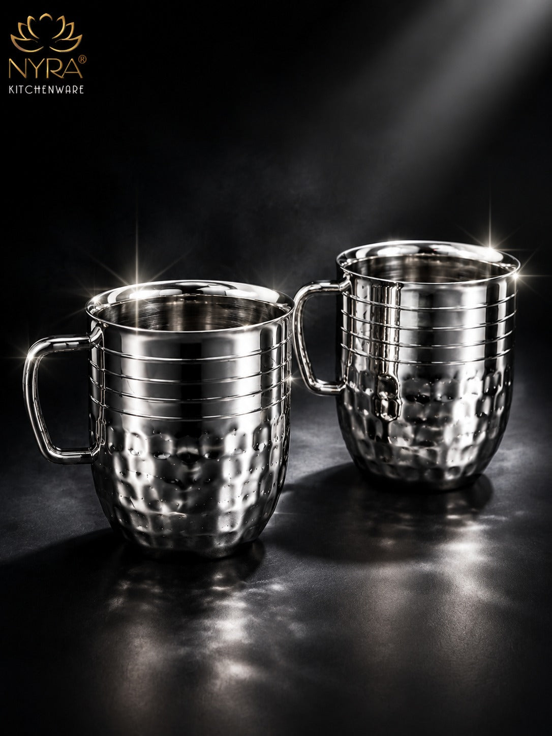 Stainless-Steel Cups with Glossy Finish/Hammered and Ringer Design Mugs Set of 2pcs.