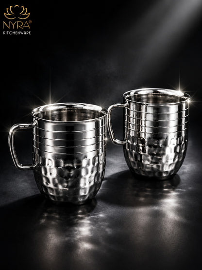 Stainless-Steel Cups with Glossy Finish/Hammered and Ringer Design Mugs Set of 2pcs.