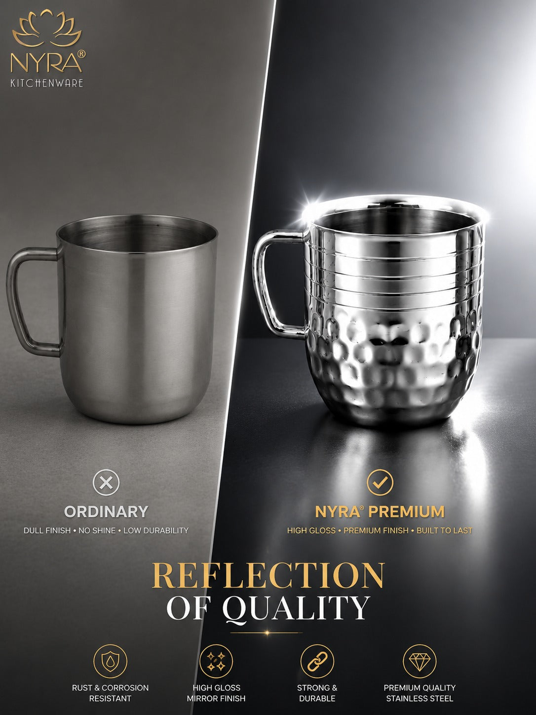 Stainless-Steel Cups with Glossy Finish/Hammered and Ringer Design Mugs Set of 2pcs.
