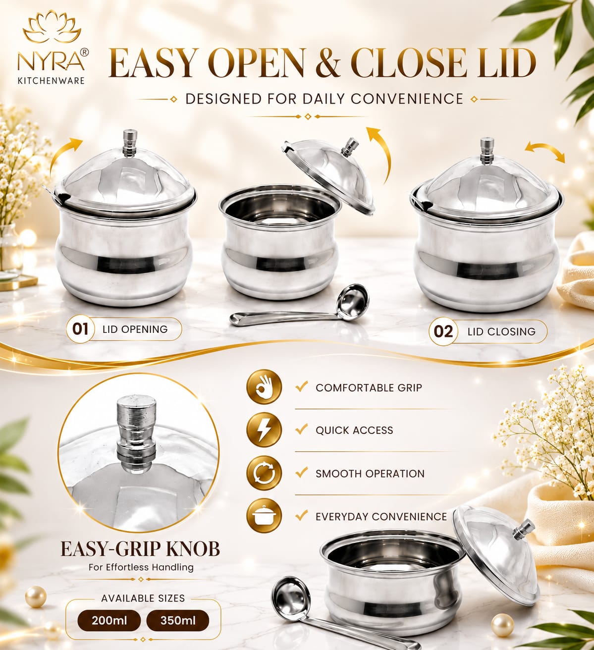 Stainless Steel Ghee Pot With Spoon | Oil/Ghee Storage Container