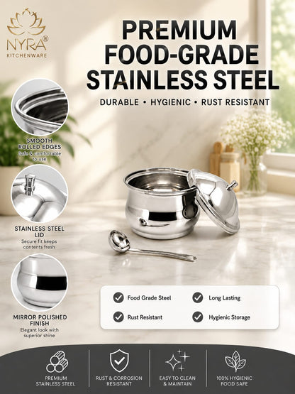 Stainless Steel Ghee Pot With Spoon | Oil/Ghee Storage Container