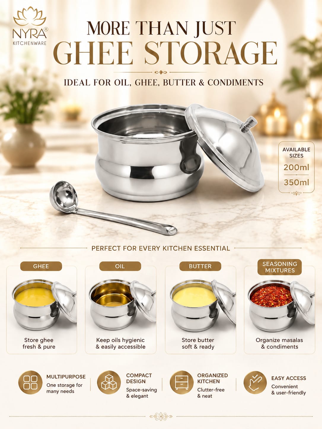 Stainless Steel Ghee Pot With Spoon | Oil/Ghee Storage Container