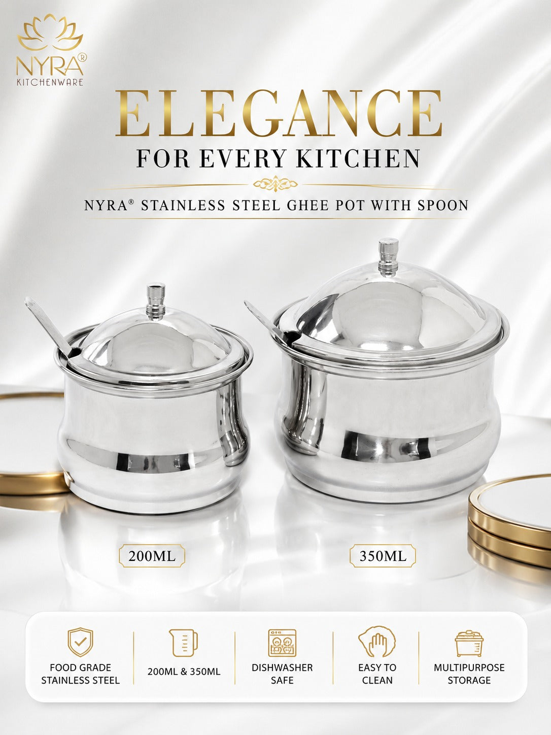 Stainless Steel Ghee Pot With Spoon | Oil/Ghee Storage Container