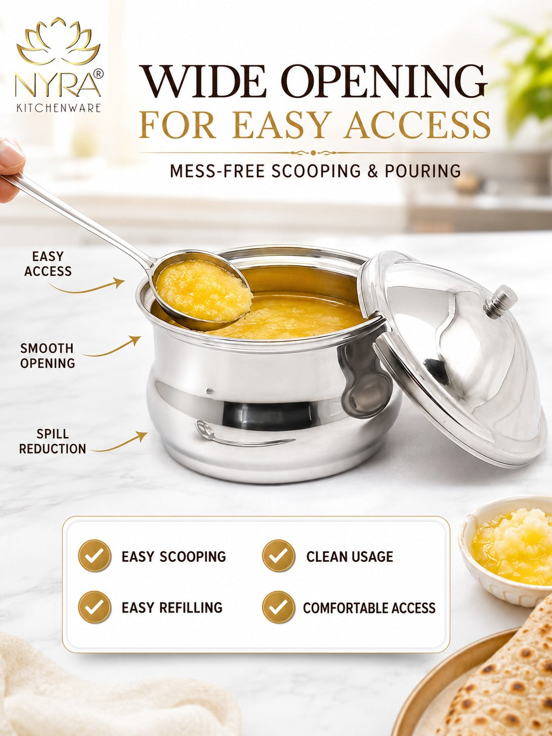 Stainless Steel Ghee Pot With Spoon | Oil/Ghee Storage Container