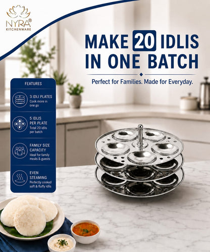 Stainless Steel Idli Stand 3 Plate/4 Plate Idli Maker - Round Cavities Steamer Rack for 5L Outer Lid Pressure Cooker Idli Pot Top Bhagona Large Cookware