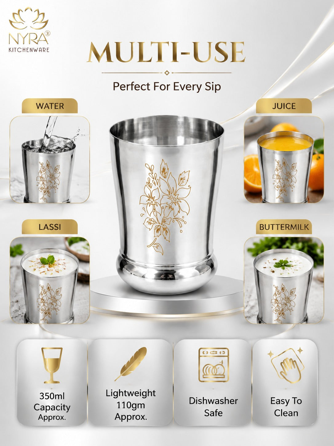 Stainless Steel Designer Glass/Tumbler – Elegant Floral Engraved, Heavy Gauge Drinkware Set