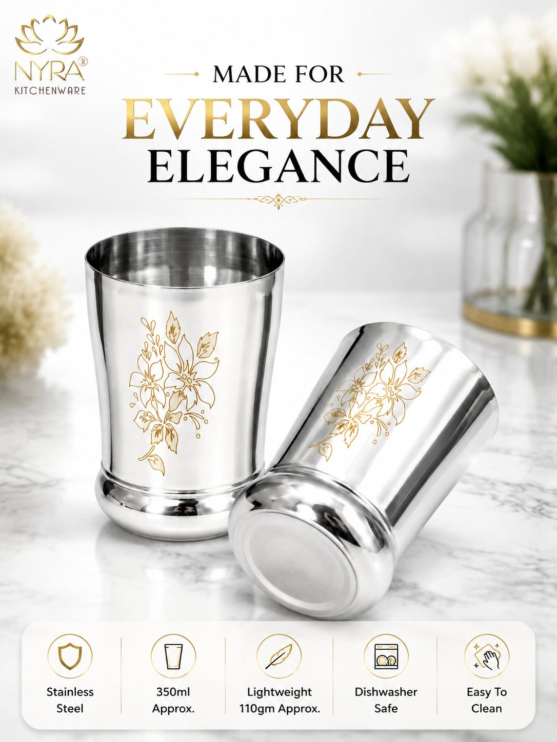 Stainless Steel Designer Glass/Tumbler – Elegant Floral Engraved, Heavy Gauge Drinkware Set