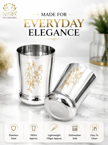 Stainless Steel Designer Glass/Tumbler – Elegant Floral Engraved, Heavy Gauge Drinkware Set
