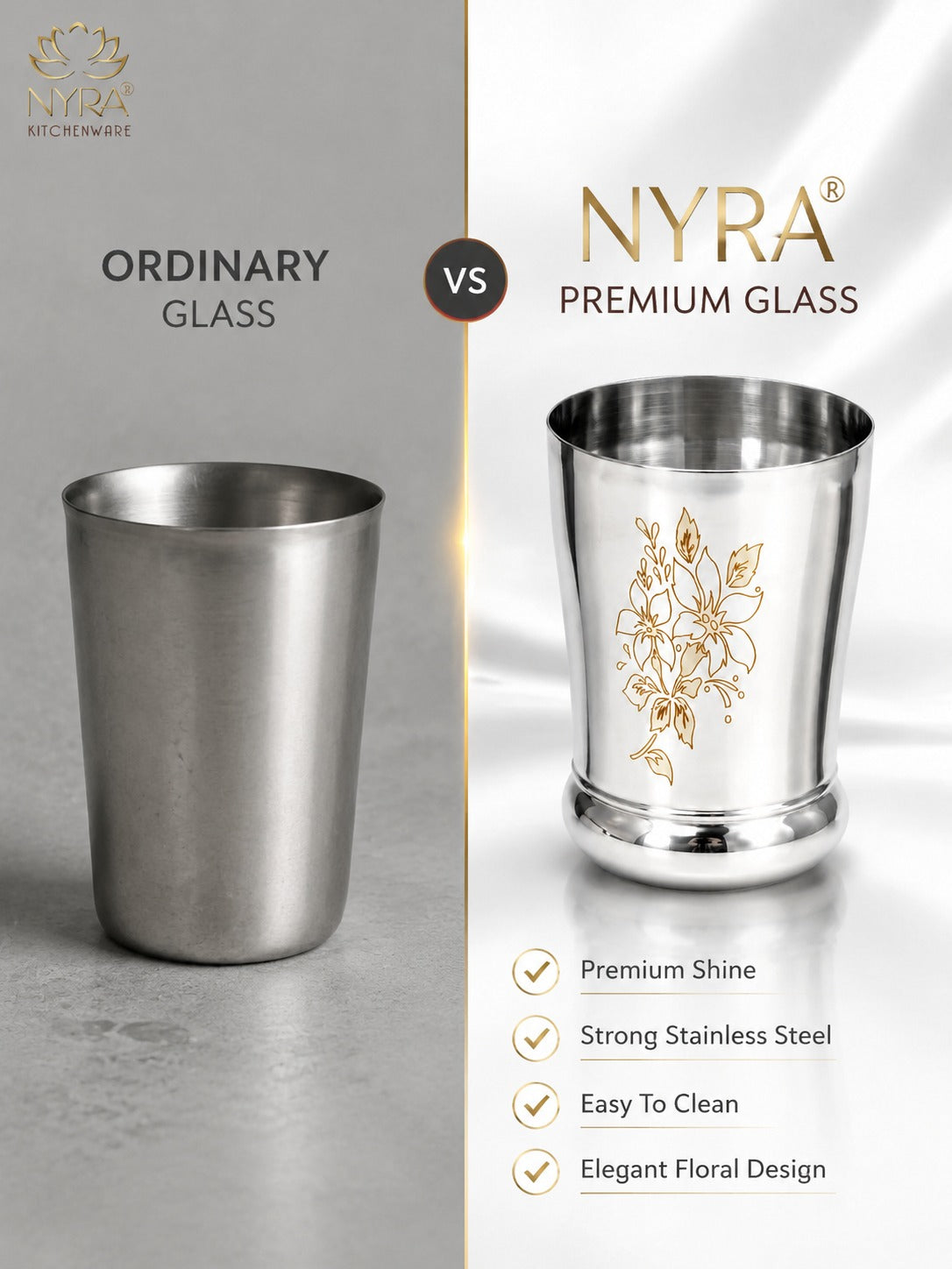 Stainless Steel Designer Glass/Tumbler – Elegant Floral Engraved, Heavy Gauge Drinkware Set