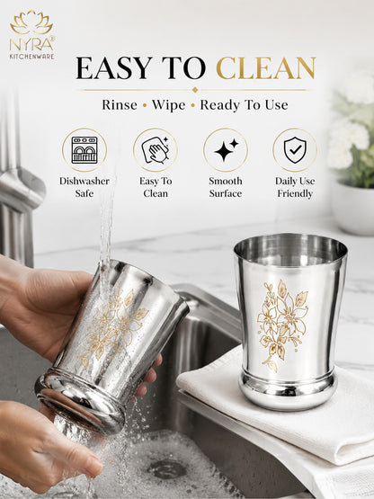 Stainless Steel Designer Glass/Tumbler – Elegant Floral Engraved, Heavy Gauge Drinkware Set