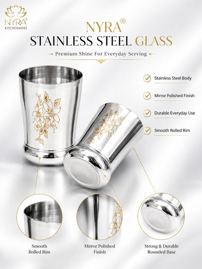 Stainless Steel Designer Glass/Tumbler – Elegant Floral Engraved, Heavy Gauge Drinkware Set
