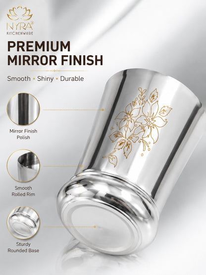 Stainless Steel Designer Glass/Tumbler – Elegant Floral Engraved, Heavy Gauge Drinkware Set