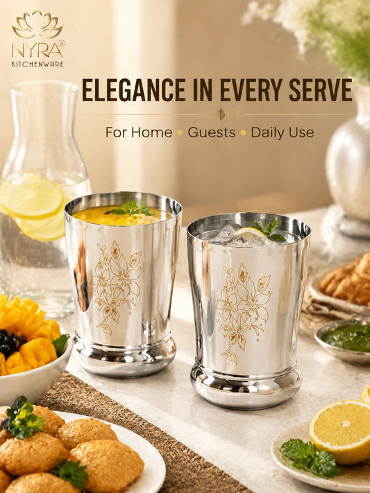 Stainless Steel Designer Glass/Tumbler – Elegant Floral Engraved, Heavy Gauge Drinkware Set