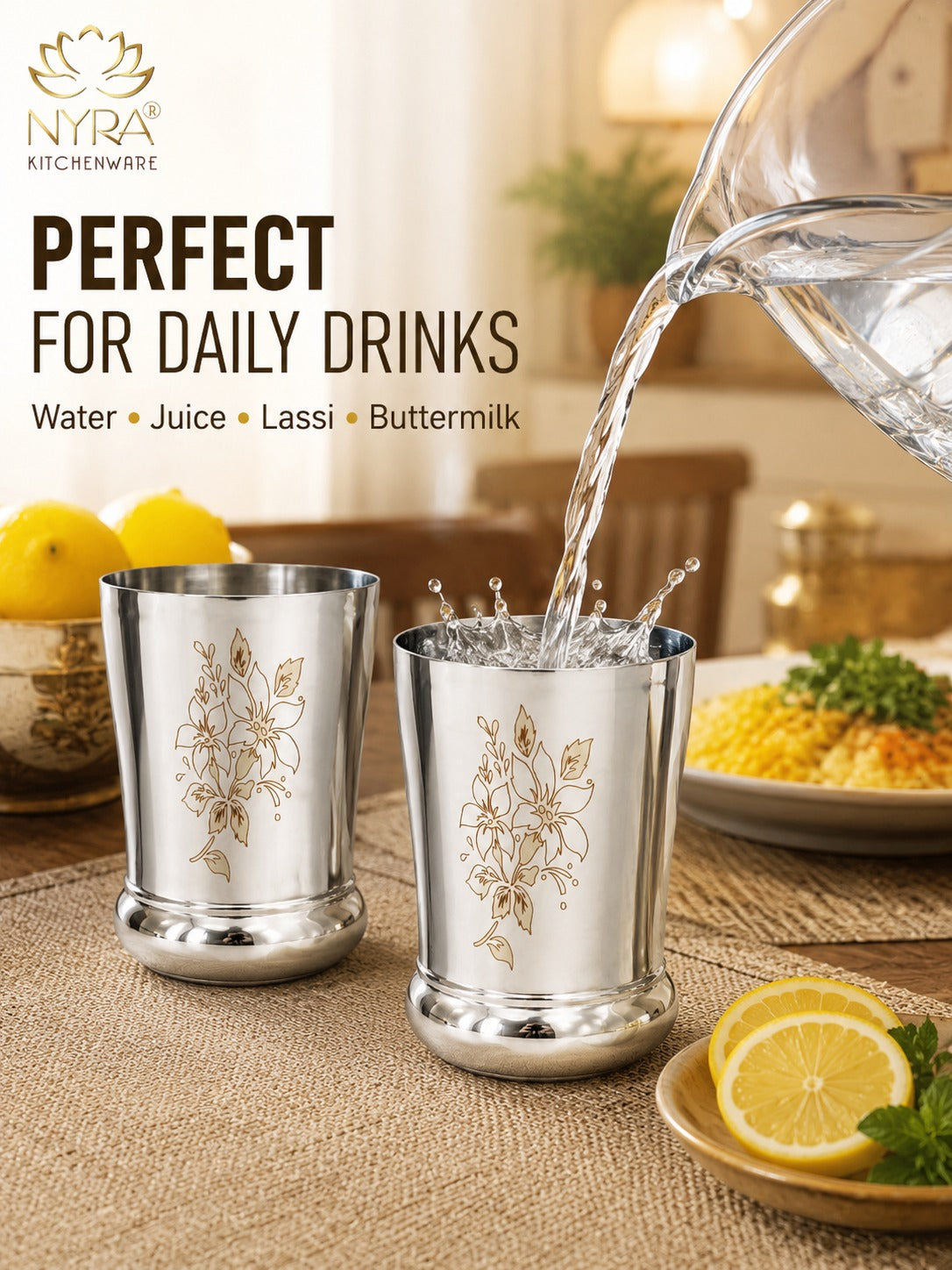 Stainless Steel Designer Glass/Tumbler – Elegant Floral Engraved, Heavy Gauge Drinkware Set