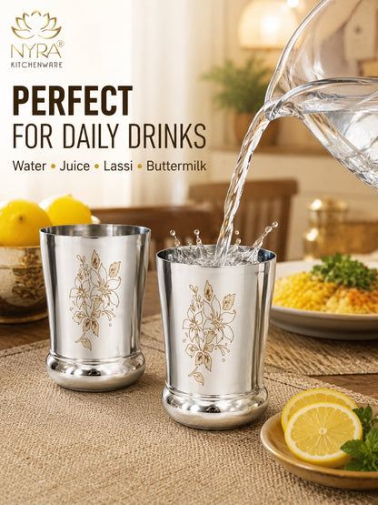 Stainless Steel Designer Glass/Tumbler – Elegant Floral Engraved, Heavy Gauge Drinkware Set