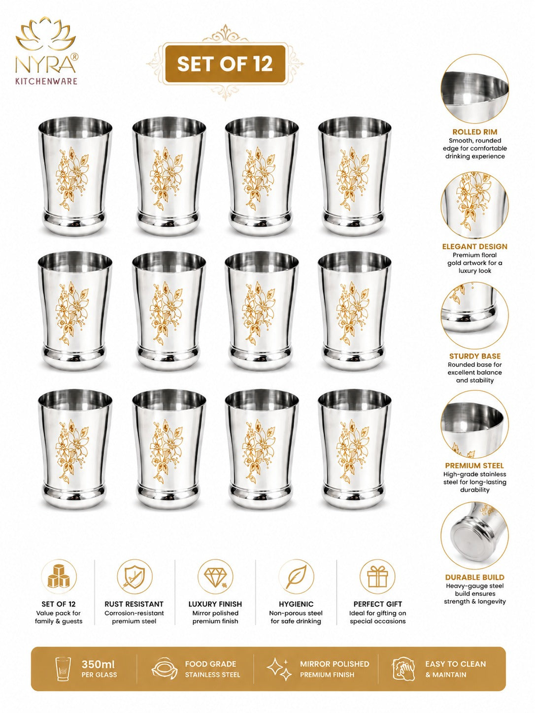 Stainless Steel Designer Glass/Tumbler – Elegant Floral Engraved, Heavy Gauge Drinkware Set