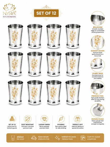 Stainless Steel Designer Glass/Tumbler – Elegant Floral Engraved, Heavy Gauge Drinkware Set