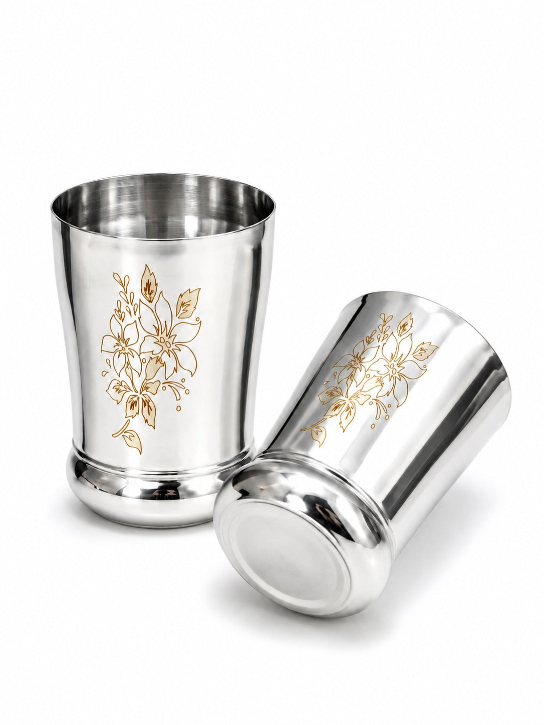 Stainless Steel Designer Glass/Tumbler – Elegant Floral Engraved, Heavy Gauge Drinkware Set