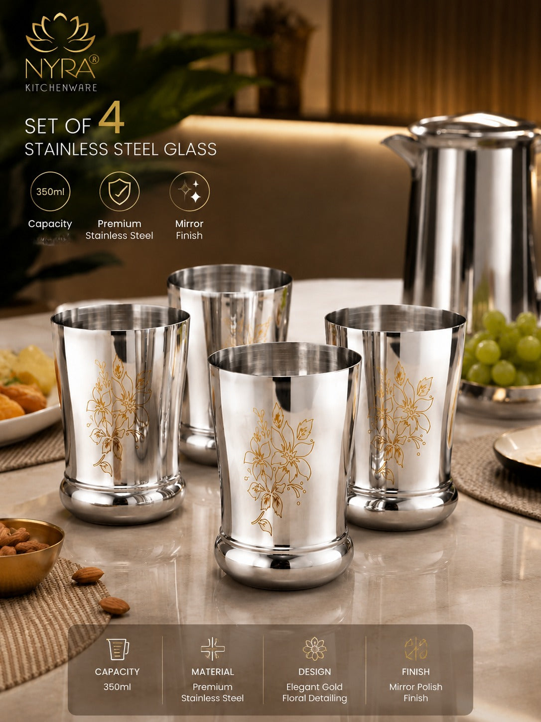 Stainless Steel Designer Glass/Tumbler – Elegant Floral Engraved, Heavy Gauge Drinkware Set