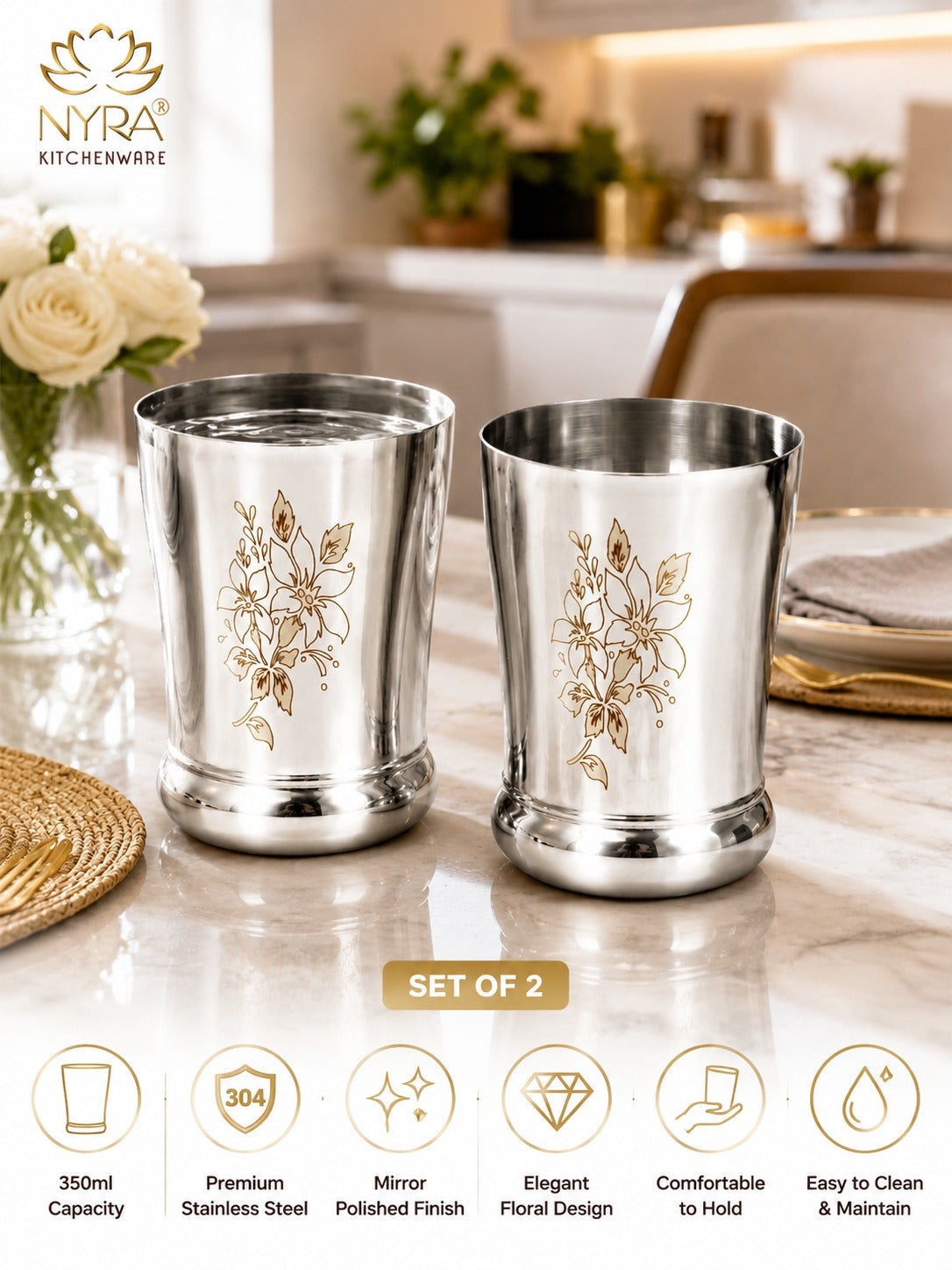 Stainless Steel Designer Glass/Tumbler – Elegant Floral Engraved, Heavy Gauge Drinkware Set