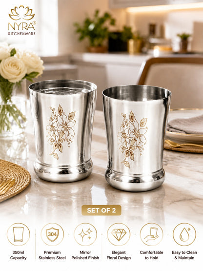 Stainless Steel Designer Glass/Tumbler – Elegant Floral Engraved, Heavy Gauge Drinkware Set