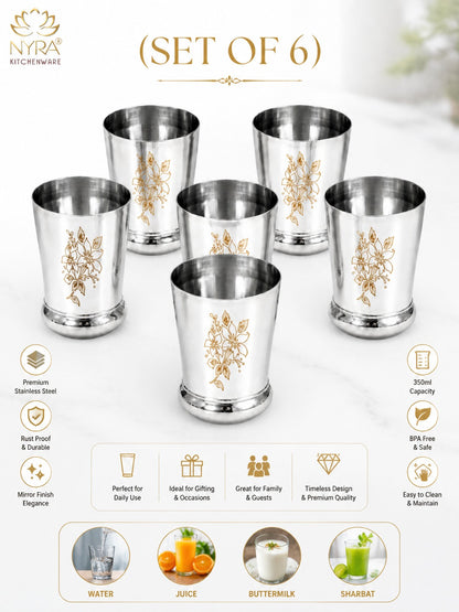 Stainless Steel Designer Glass/Tumbler – Elegant Floral Engraved, Heavy Gauge Drinkware Set