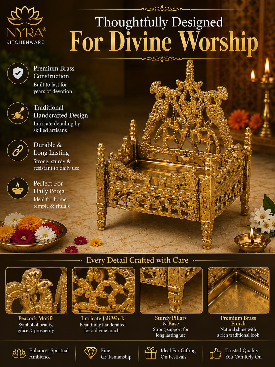 Handcrafted Peetal Singhasan | Brass Throne for Pooja - 3 sizes