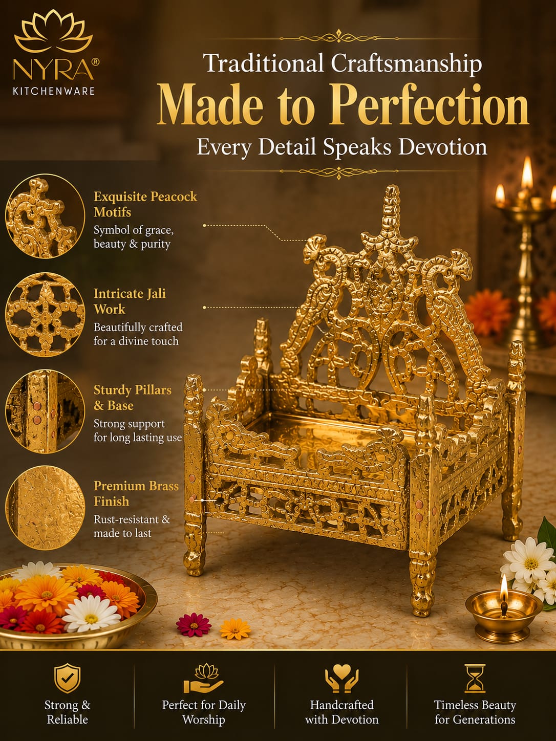 Handcrafted Peetal Singhasan | Brass Throne for Pooja - 3 sizes