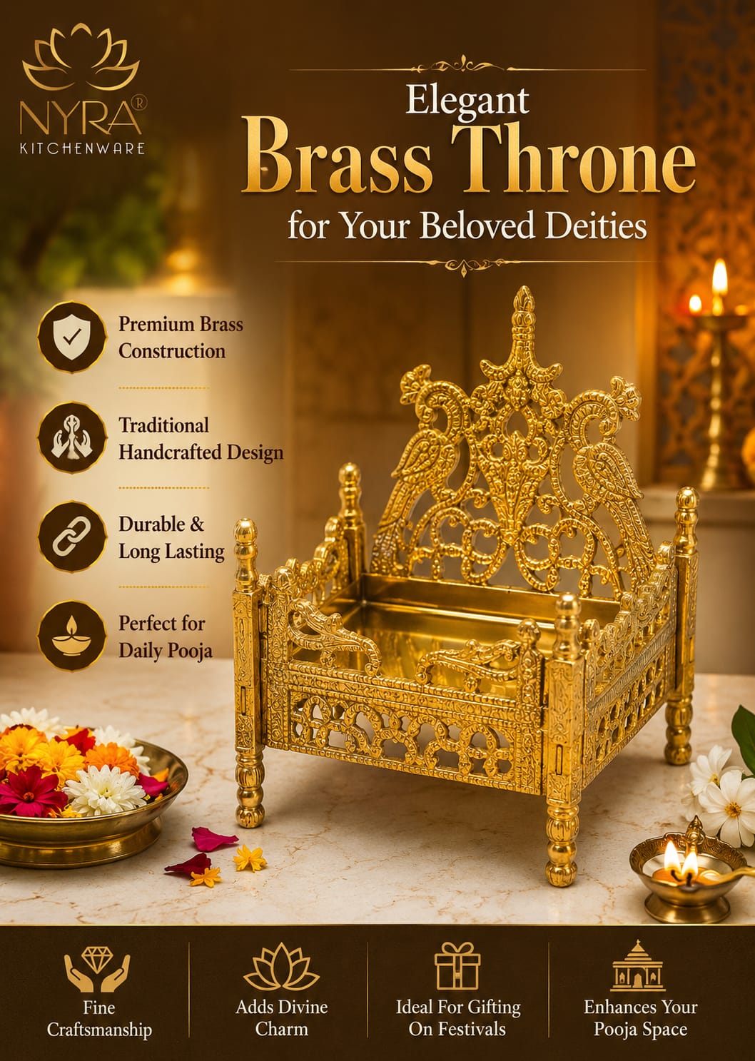 Handcrafted Peetal Singhasan | Brass Throne for Pooja - 3 sizes