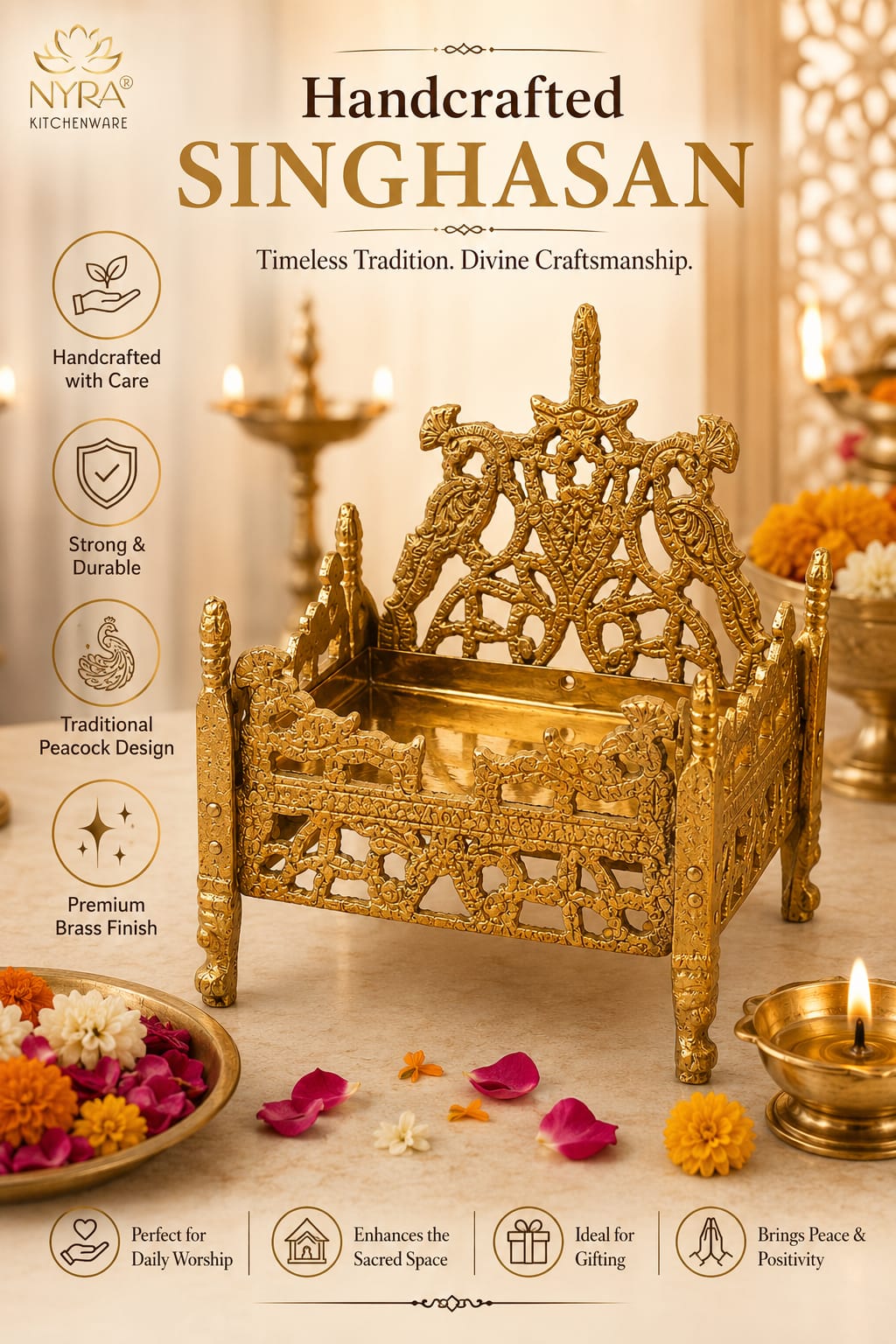 Handcrafted Peetal Singhasan | Brass Throne for Pooja - 3 sizes