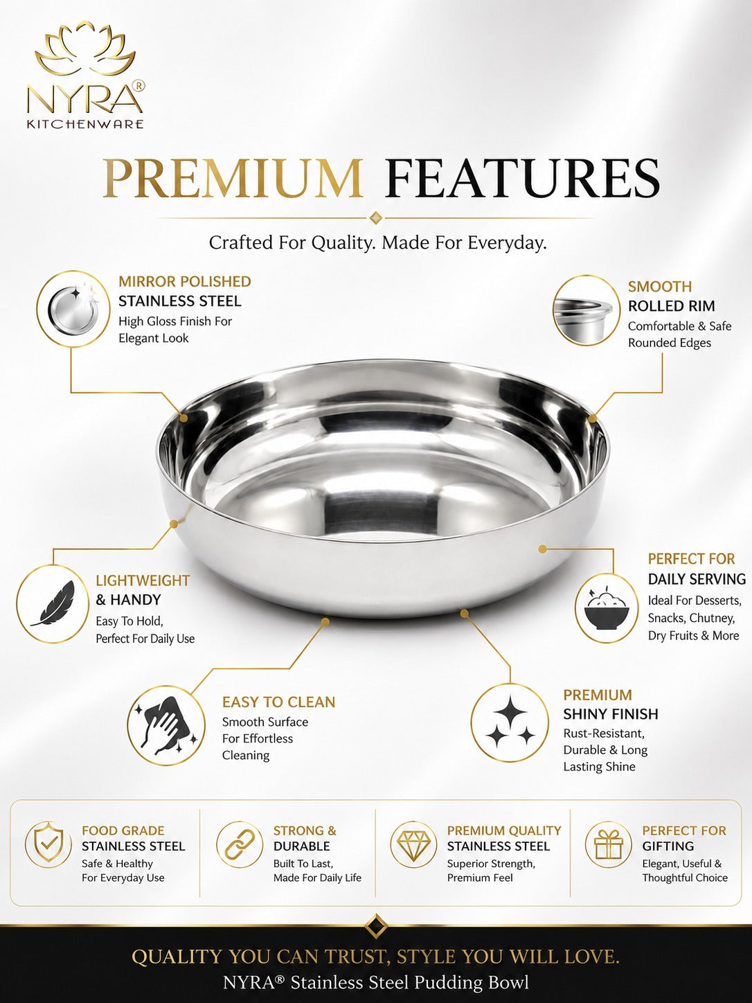 Stainless Steel Sweet Dish Katori Set | Serving Bowls Set of 6 Pcs – 140 ML/160 ML each
