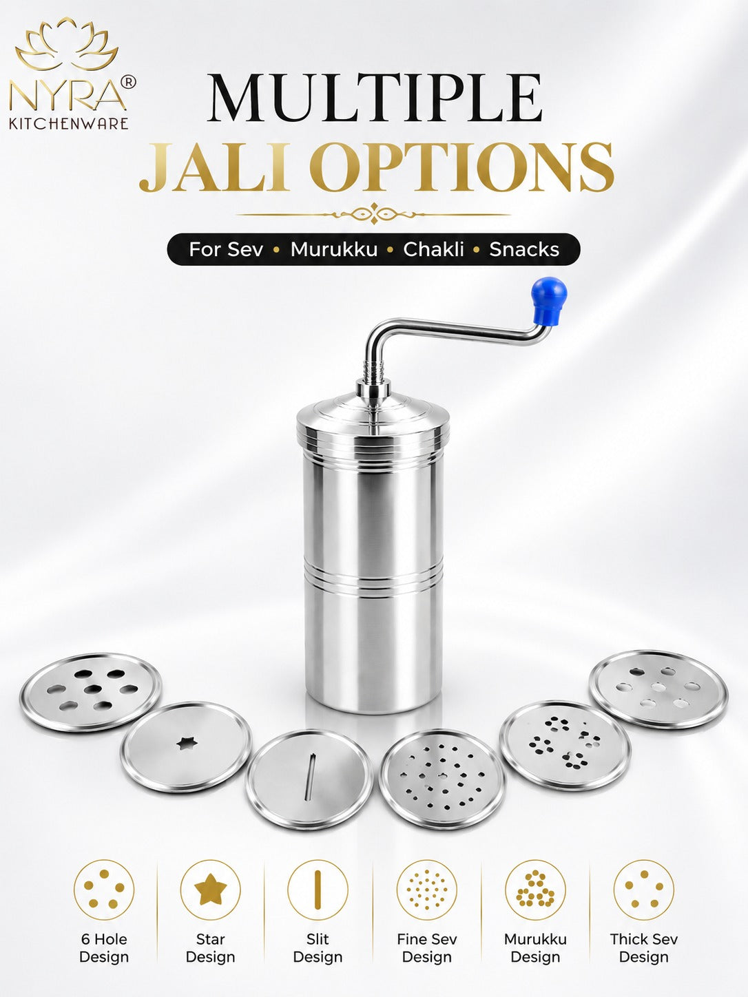 Stainless Steel Kitchen Press | Namkeen Sev Maker Machine - 6 different Jalis