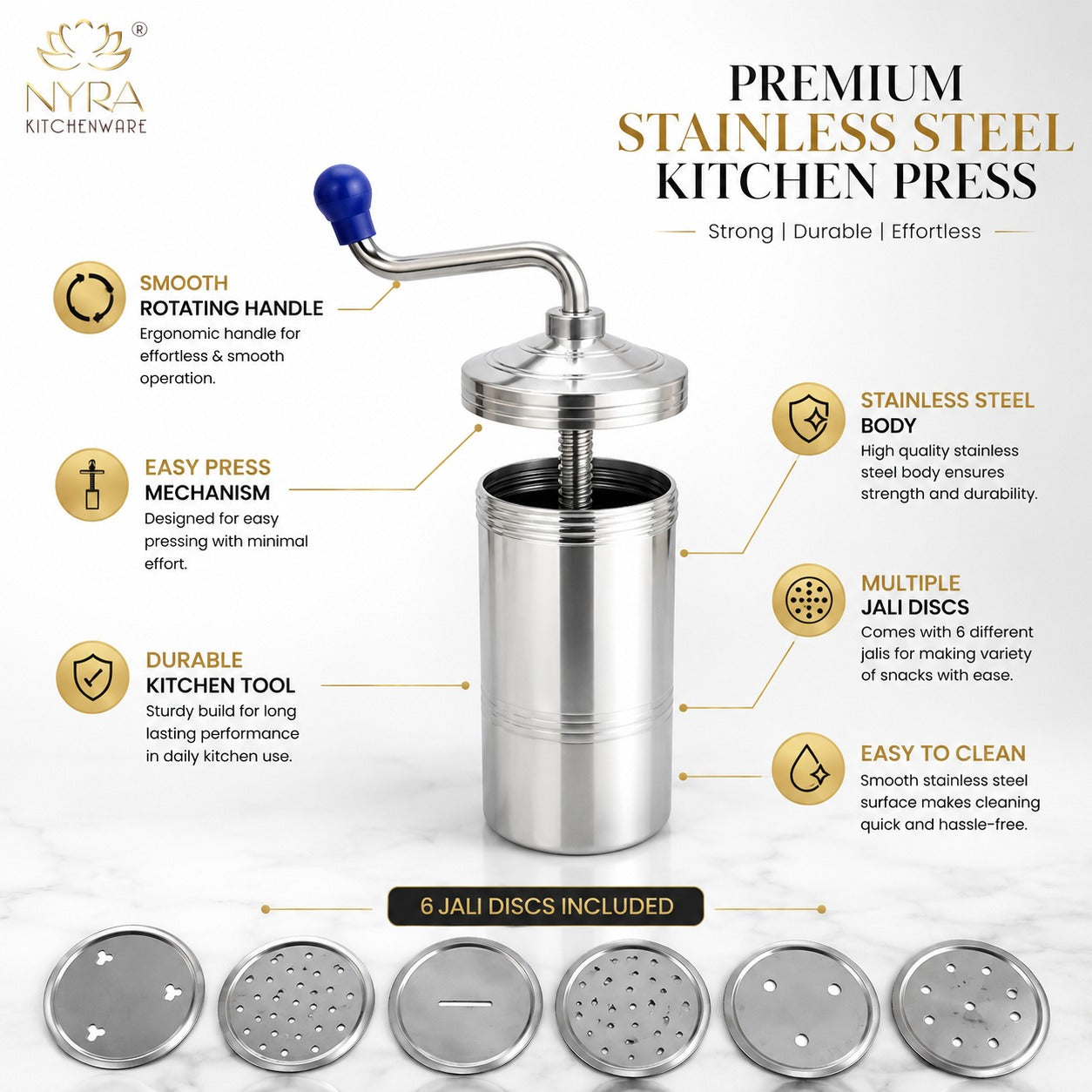Stainless Steel Kitchen Press | Namkeen Sev Maker Machine - 6 different Jalis
