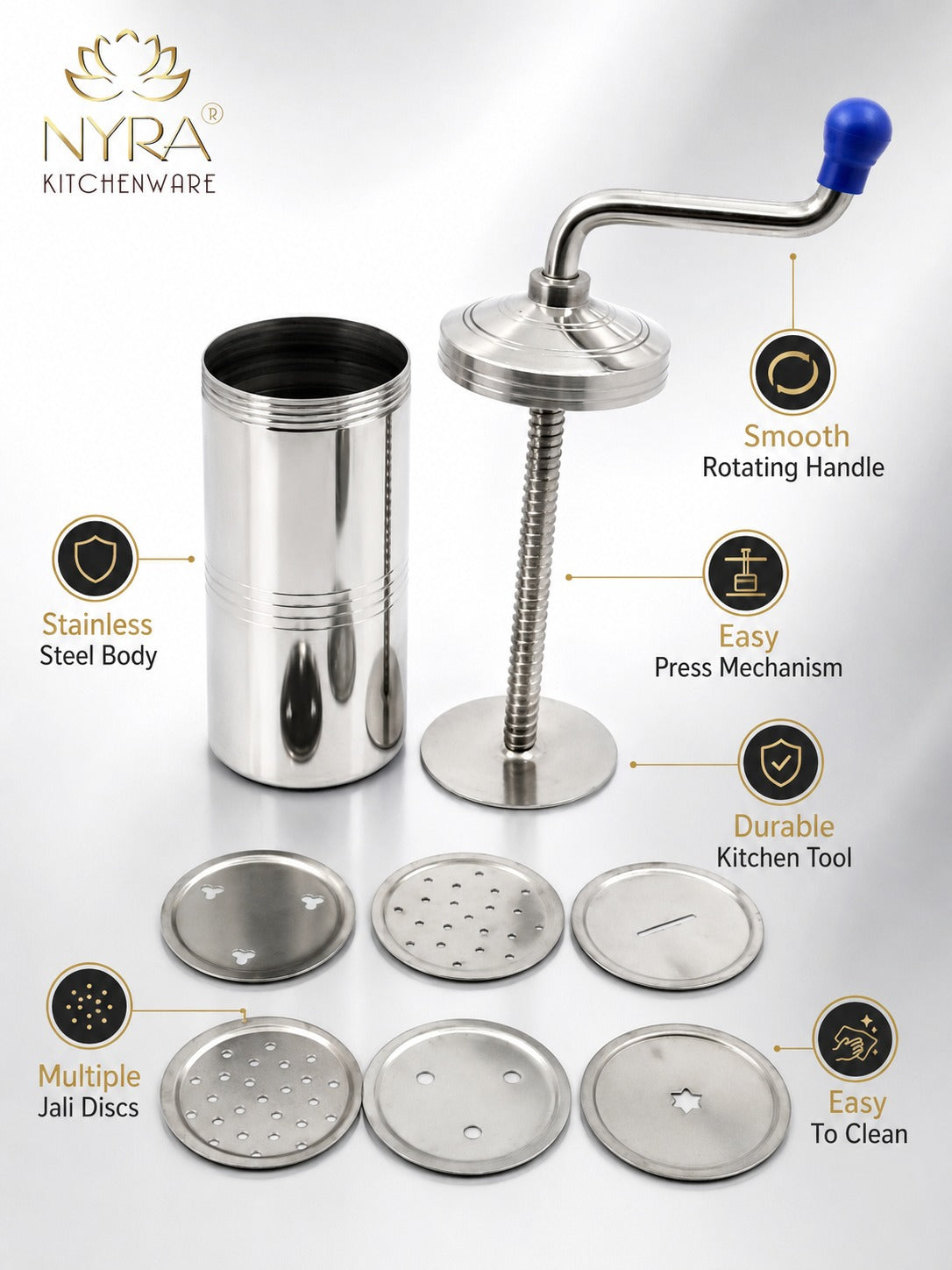 Stainless Steel Kitchen Press | Namkeen Sev Maker Machine - 6 different Jalis