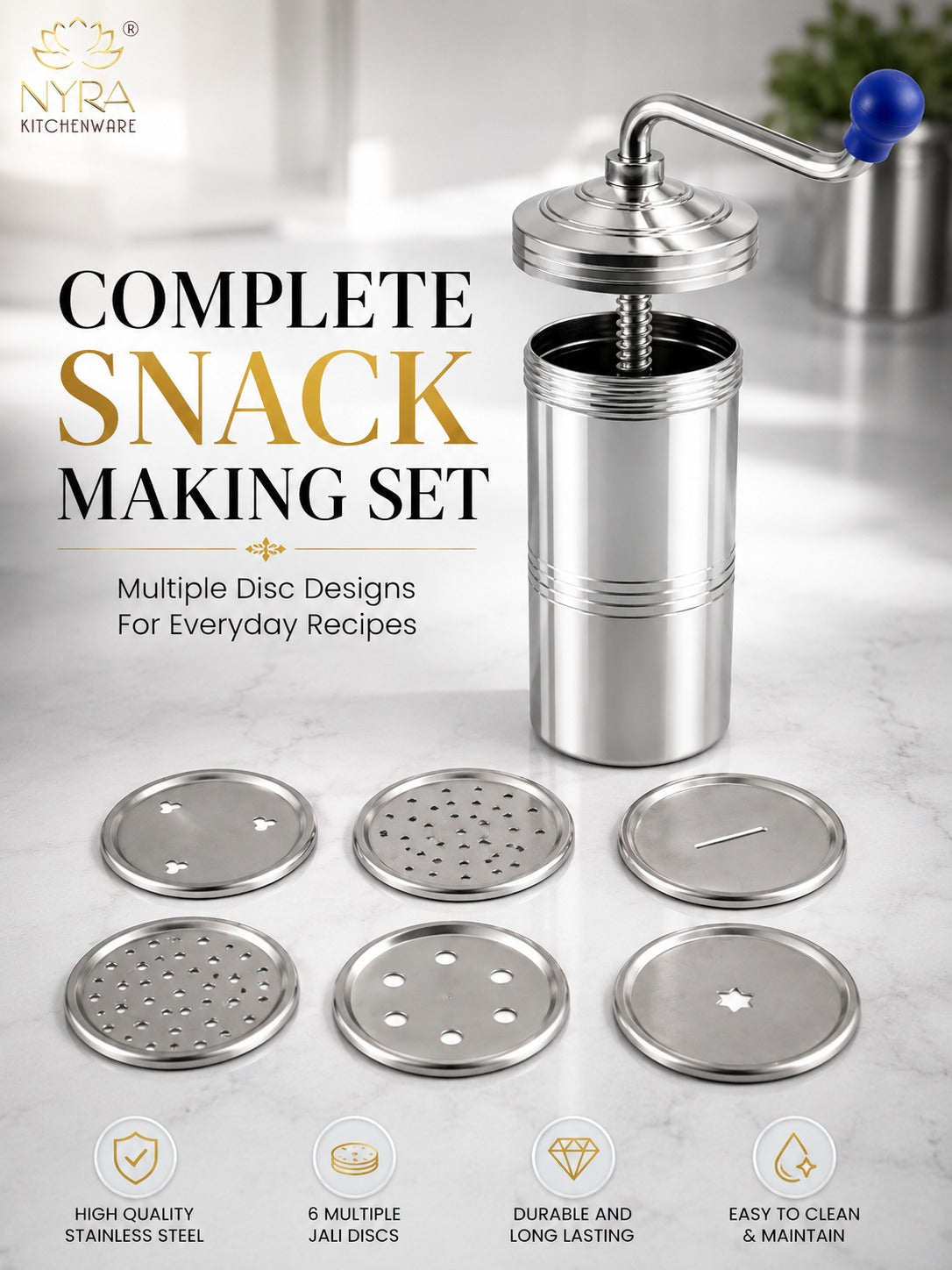 Stainless Steel Kitchen Press | Namkeen Sev Maker Machine - 6 different Jalis
