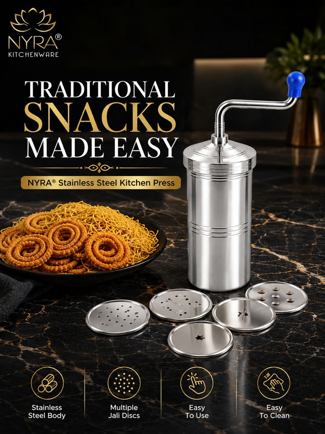 Stainless Steel Kitchen Press | Namkeen Sev Maker Machine - 6 different Jalis