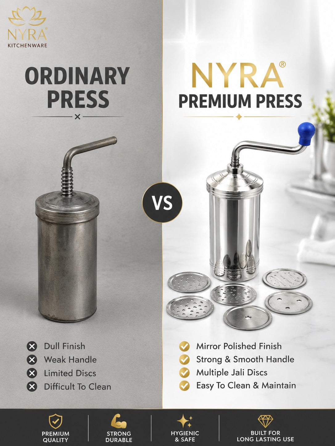 Stainless Steel Kitchen Press | Namkeen Sev Maker Machine - 6 different Jalis
