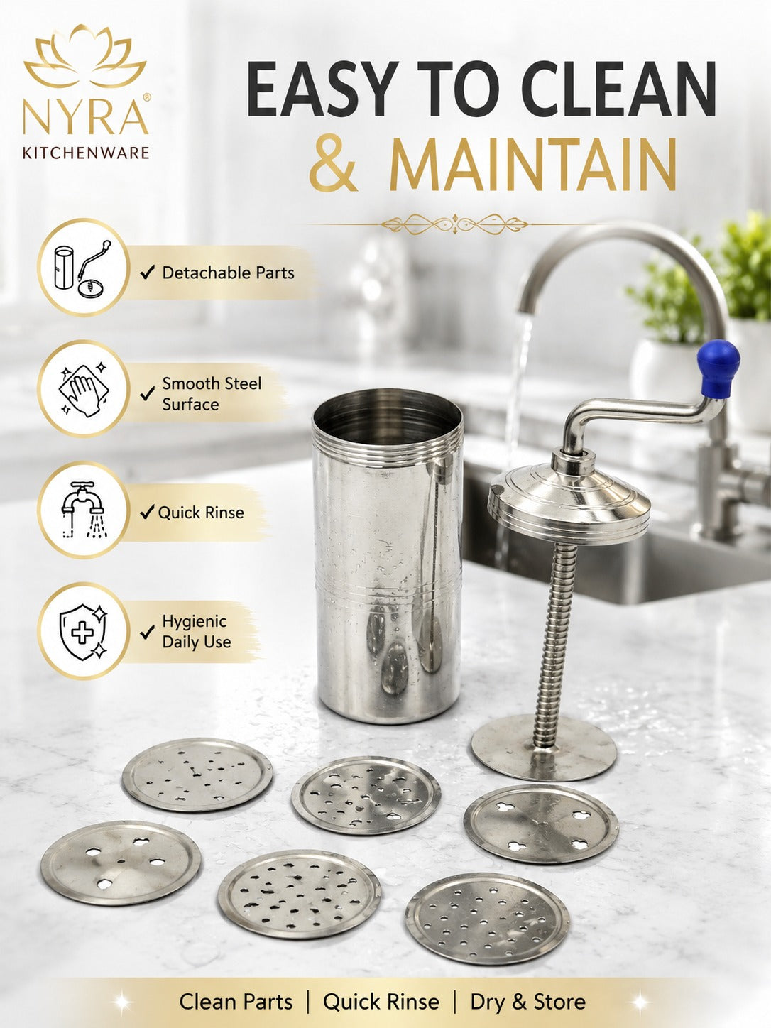 Stainless Steel Kitchen Press | Namkeen Sev Maker Machine - 6 different Jalis
