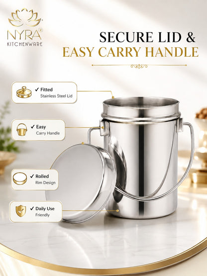 Stainless Steel Milk Pot with Lid (Dolchi/Barni) – Glossy finish, Rust-Proof & Flat Bottom Storage Container