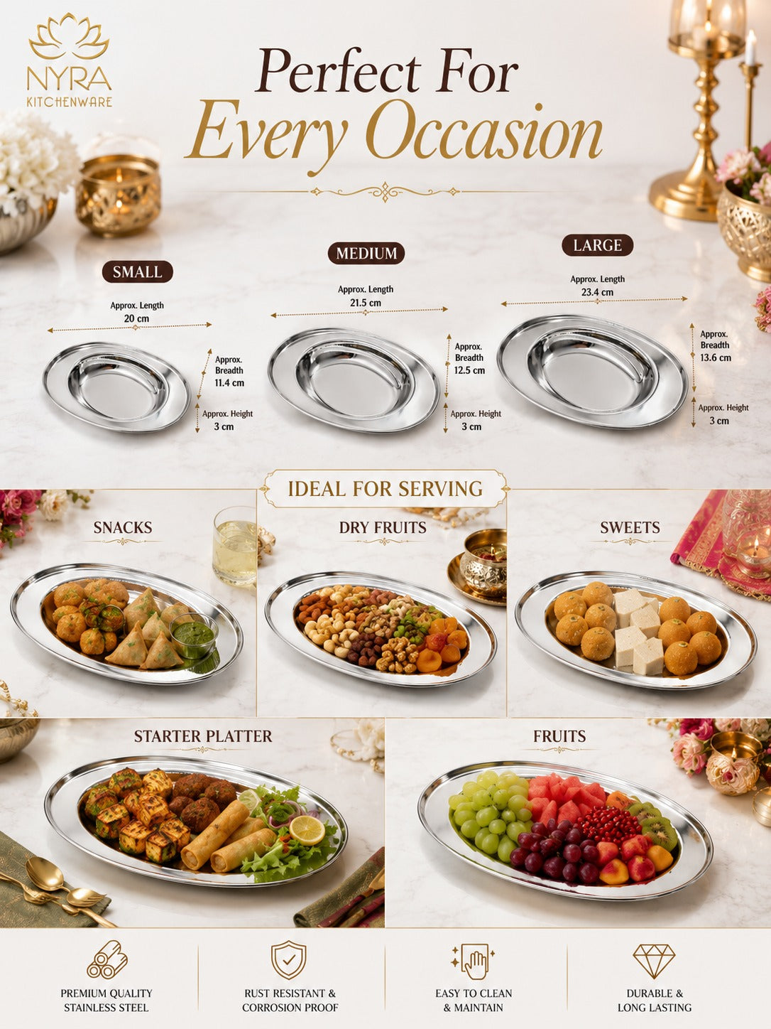 Stainless Steel Serving Plate Set | Oval-shaped Plates - Available in 3 Sizes |