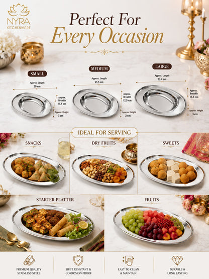 Stainless Steel Serving Plate Set | Oval-shaped Plates - Available in 3 Sizes |