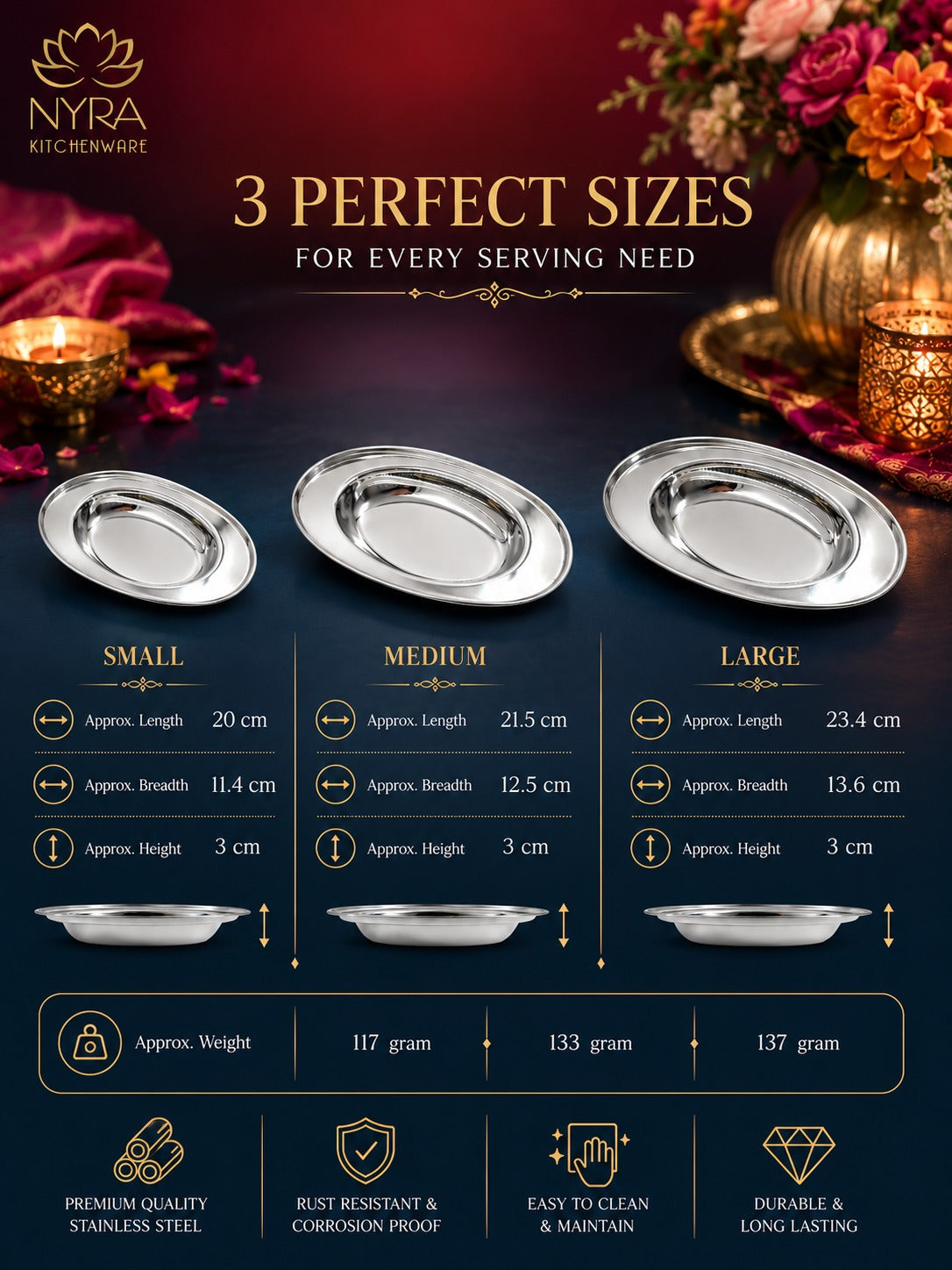 Stainless Steel Serving Plate Set | Oval-shaped Plates - Available in 3 Sizes |
