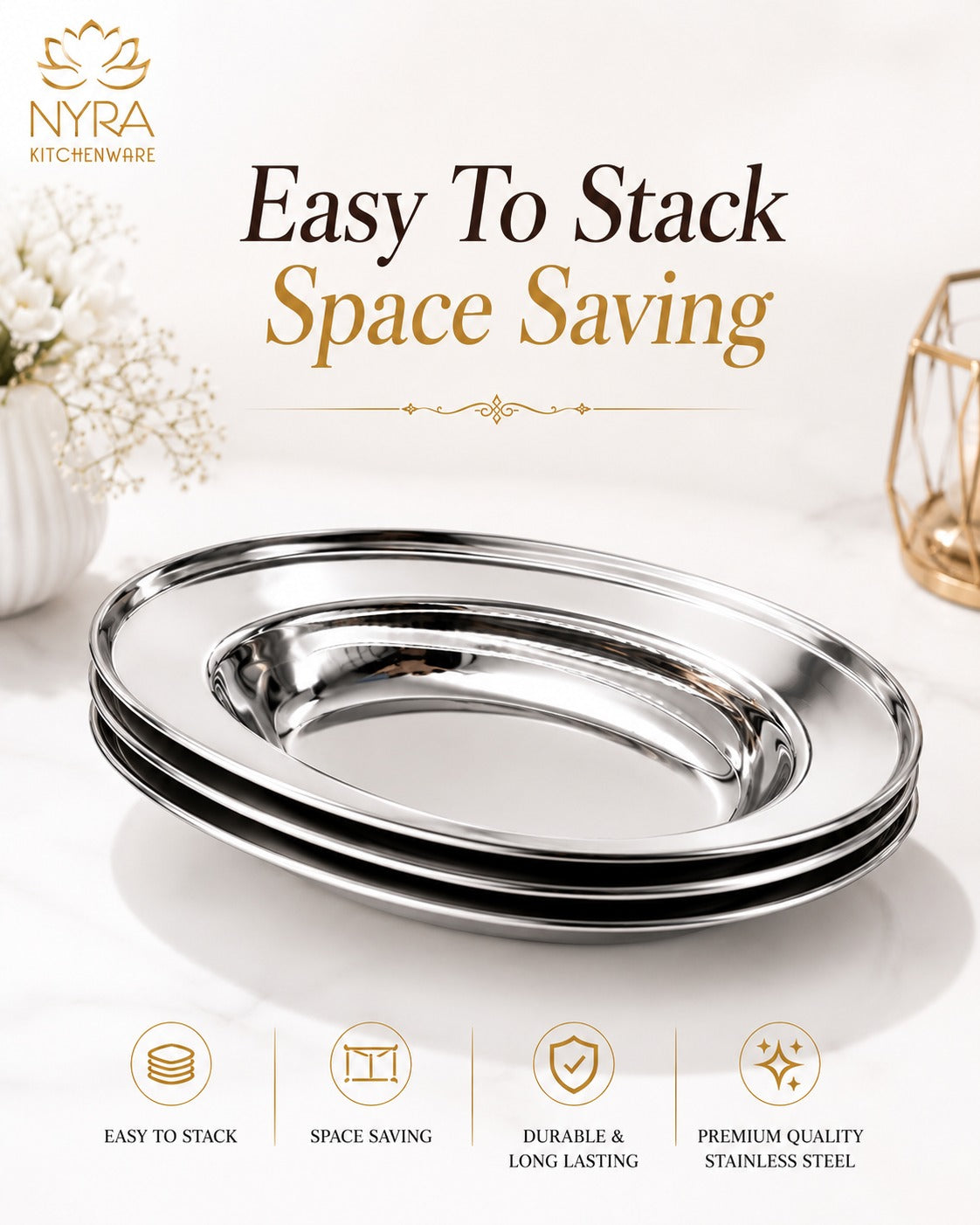 Stainless Steel Serving Plate Set | Oval-shaped Plates - Available in 3 Sizes |