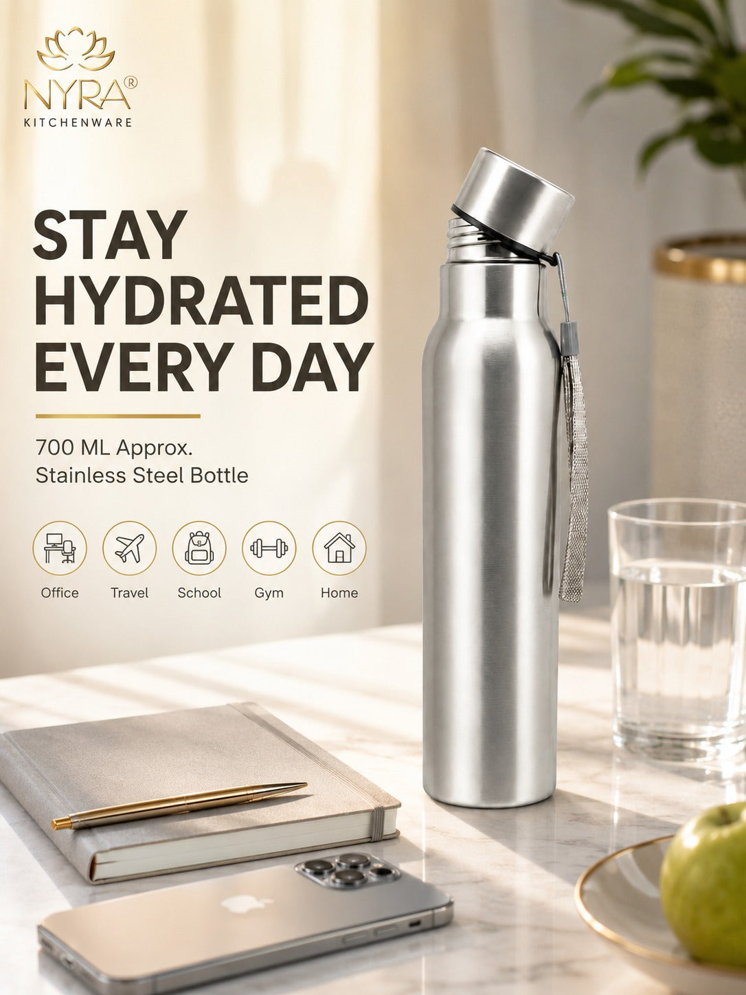 Stainless Steel Single-Walled Water Bottle with a String